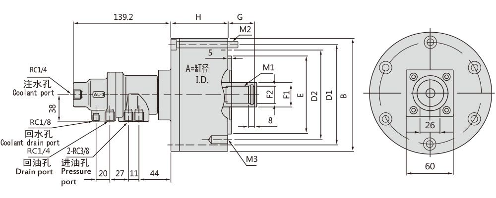 RL Rotating Hydraulic Cylinder with Coolant Connection and Safety Device